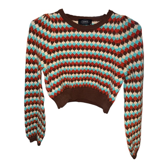 Cider Brown Teal Ivory Cropped Knit Sweater Size Medium Retro Academia - Picture 4 of 4